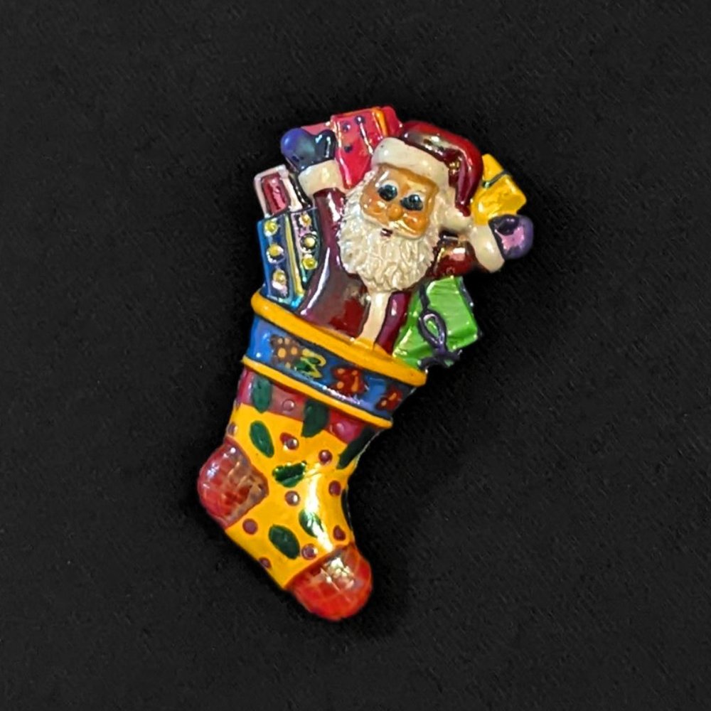 Santa Claus Christmas Patchwork Stocking Gifts Holiday Brooch Pin
